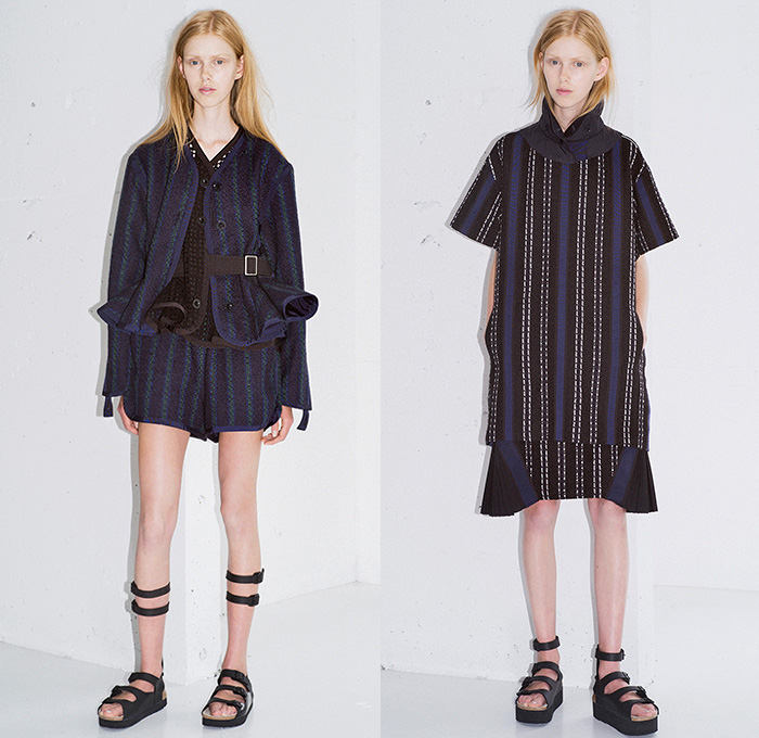 Sacai Luck 2015 Resort Womens Lookbook Presentation in Paris France - 2015 Cruise Pre Spring Fashion Pre Collection Chitose Abe Tokyo - Mesh 3d Cutout Perforated Laser Cut Multi-Panel Shorts Blouse Zipper Sandals Banded Strap Ruffles Balloon Sleeves Ribbed Knit Lace Zebra Stripes Bomber Jacket Pinstripe Outerwear Boxy Shirt Open High Slit Motorcycle Biker Rider Frock Midi Skirt Accordion Pleats Peplum Shirtdress Oversized Coat Shorts Loungewear Jogging Sweatpants