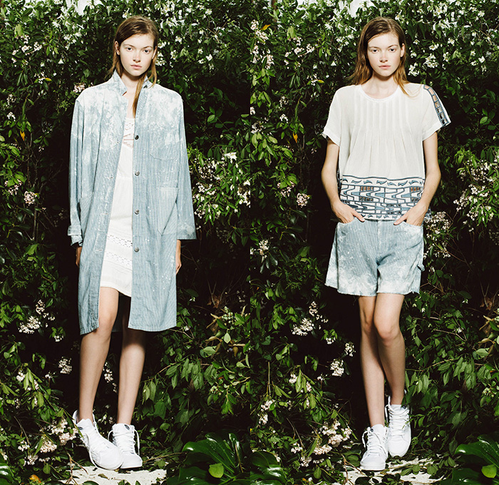 Sea New York 2015 Resort Womens Lookbook Presentation - 2015 Cruise Pre Spring Fashion Pre Collection - Engineer Railroad Stripes Pinstripes Denim Jeans Bleached Onesie Jumpsuit Coveralls Plaid Cutout Back Raw Hem Frayed Pleats Oversized Shirt 3D Laser Cut Perforated Grid Lattice Mesh Shorts Blouse Tunic Lace Skirt Frock Maxi Dress White Sweater Jumper Tulle Turtleneck Outerwear Coat Pants Trousers Animal Spots Safari Leopard Insects Butterflies Batik
