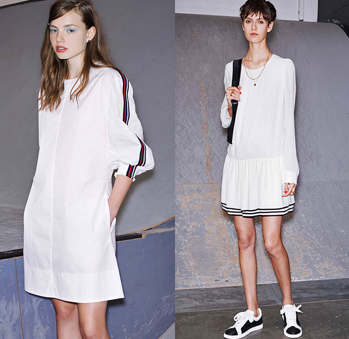 See by Chloé 2015 Resort Womens Lookbook Presentation - 2015 Cruise Pre Spring Fashion Pre Collection Paris France - Denim Jeans Knit Sweater Jumper Socks with Sandals Mesh Skirt Frock Dress Streetwear Skateboard Wide Leg Culottes Gauchos Drawstring Cinch Sleeves Sneakers Blouse Leaves Foliage Eyelet Outerwear Pea Coat Stripes Lace 3D Cutout Perforated Knots Pattern Stars Ruffles Asymmetrical Neckline Zipper Cropped Jacket Sash Belt