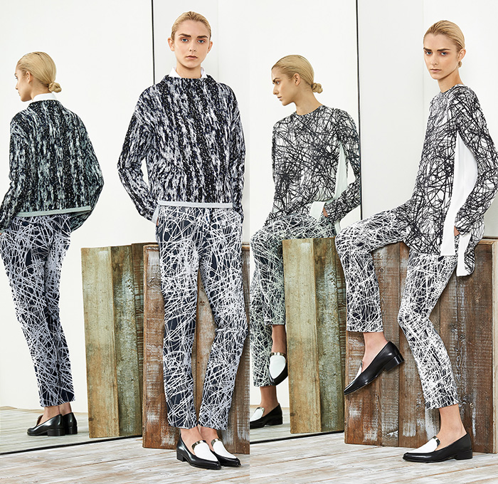 Sportmax 2015 Resort Womens Lookbook Presentation - 2015 Cruise Pre Spring Fashion Pre Collection Italy - Oversized Outerwear Wide Leg Palazzo Pants Slouchy White Ensemble Blazer Pantsuit Trench Coat Scribbles Brushstrokes Paintstrokes Accordion Pleats Shirtdress Blousedress Half Skirt Multi-Panel Dress Frock Croptrench Reptile Snake Python Pattern Sash Belt Abstract Art Drippings Streaks Sweater Jumper Print Motif Peplum Pencil Skirt Flowers Florals Rosebud Color Block