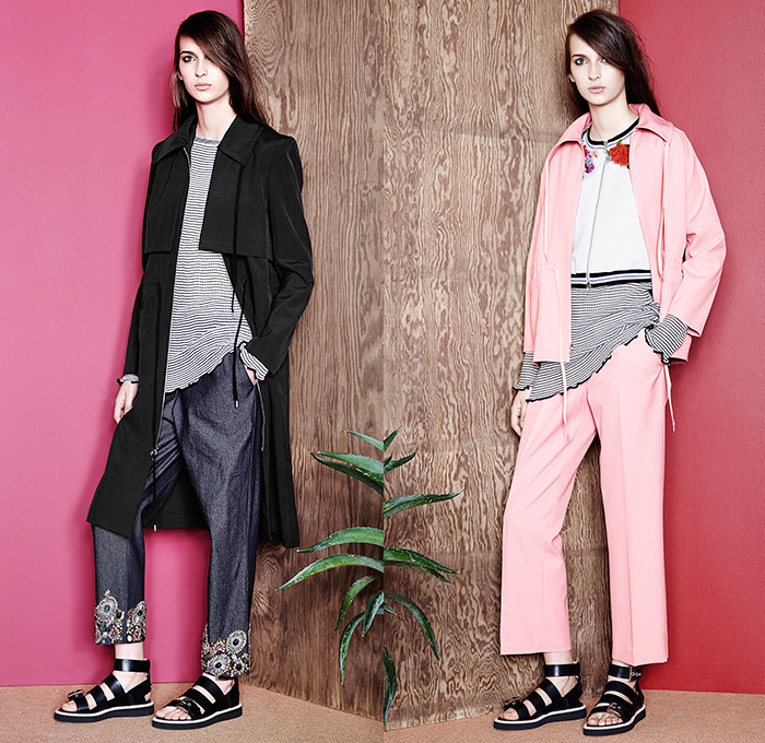 SUNO New York 2015 Resort Womens Lookbook Presentation - 2015 Cruise Pre Spring Fashion Pre Collection - Denim Jeans Knit Wool Nylon Parka Embroidery 3d Embellishments Stones Onesie Jumpsuit Coveralls Sandals Shorts Tunic Outerwear Coat Curved Cutout Hem Pink Florals Flowers Flora Leaves Foliage Fauna Sweater Jumper Cropped Wide Leg Trousers Palazzo Pants Kimono Stripes Creases Crinkles Cutout Back Maxi Dress Skirt Frock 