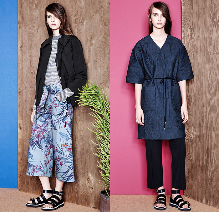 SUNO New York 2015 Resort Womens Lookbook Presentation - 2015 Cruise Pre Spring Fashion Pre Collection - Denim Jeans Knit Wool Nylon Parka Embroidery 3d Embellishments Stones Onesie Jumpsuit Coveralls Sandals Shorts Tunic Outerwear Coat Curved Cutout Hem Pink Florals Flowers Flora Leaves Foliage Fauna Sweater Jumper Cropped Wide Leg Trousers Palazzo Pants Kimono Stripes Creases Crinkles Cutout Back Maxi Dress Skirt Frock 