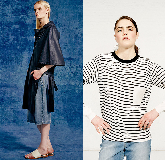 Tibi 2015 Resort Womens Lookbook Presentation - 2015 Cruise Pre Spring Fashion Pre Collection Designer Amy Smilovic - Denim Jeans Dirty Sailor Nautical Toggle Closures Lace Up Eyelets Rope Stripes Silk Wool Wide Leg Trousers Palazzo Pants Culottes Anorak Hoodie Chambray Paisley Sleeveless Shorts Crop Top Midriff Bralette Outerwear Coat Flowers Florals Accordion Pleats Halter Top Knit Sweater Jumper Curved Hem Pantsuit Drawstring Jogging Sweatpants 