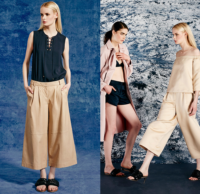 Tibi 2015 Resort Womens Lookbook Presentation - 2015 Cruise Pre Spring Fashion Pre Collection Designer Amy Smilovic - Denim Jeans Dirty Sailor Nautical Toggle Closures Lace Up Eyelets Rope Stripes Silk Wool Wide Leg Trousers Palazzo Pants Culottes Anorak Hoodie Chambray Paisley Sleeveless Shorts Crop Top Midriff Bralette Outerwear Coat Flowers Florals Accordion Pleats Halter Top Knit Sweater Jumper Curved Hem Pantsuit Drawstring Jogging Sweatpants 