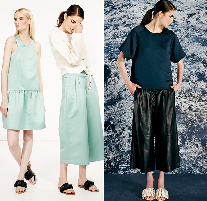 Tibi 2015 Resort Womens Lookbook Presentation - 2015 Cruise Pre Spring Fashion Pre Collection Designer Amy Smilovic - Denim Jeans Dirty Sailor Nautical Toggle Closures Lace Up Eyelets Rope Stripes Silk Wool Wide Leg Trousers Palazzo Pants Culottes Anorak Hoodie Chambray Paisley Sleeveless Shorts Crop Top Midriff Bralette Outerwear Coat Flowers Florals Accordion Pleats Halter Top Knit Sweater Jumper Curved Hem Pantsuit Drawstring Jogging Sweatpants 