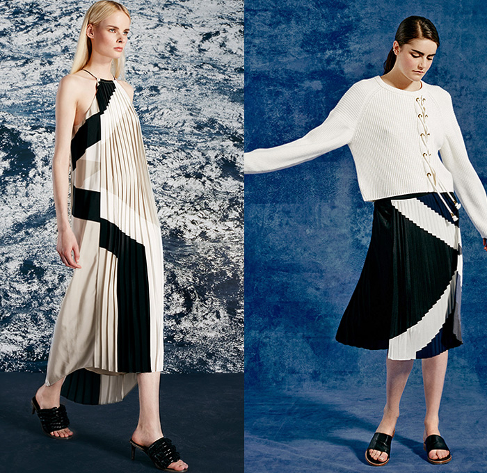 Tibi 2015 Resort Womens Lookbook Presentation - 2015 Cruise Pre Spring Fashion Pre Collection Designer Amy Smilovic - Denim Jeans Dirty Sailor Nautical Toggle Closures Lace Up Eyelets Rope Stripes Silk Wool Wide Leg Trousers Palazzo Pants Culottes Anorak Hoodie Chambray Paisley Sleeveless Shorts Crop Top Midriff Bralette Outerwear Coat Flowers Florals Accordion Pleats Halter Top Knit Sweater Jumper Curved Hem Pantsuit Drawstring Jogging Sweatpants 