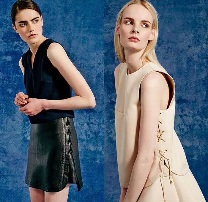 Tibi 2015 Resort Womens Lookbook Presentation - 2015 Cruise Pre Spring Fashion Pre Collection Designer Amy Smilovic - Denim Jeans Dirty Sailor Nautical Toggle Closures Lace Up Eyelets Rope Stripes Silk Wool Wide Leg Trousers Palazzo Pants Culottes Anorak Hoodie Chambray Paisley Sleeveless Shorts Crop Top Midriff Bralette Outerwear Coat Flowers Florals Accordion Pleats Halter Top Knit Sweater Jumper Curved Hem Pantsuit Drawstring Jogging Sweatpants 