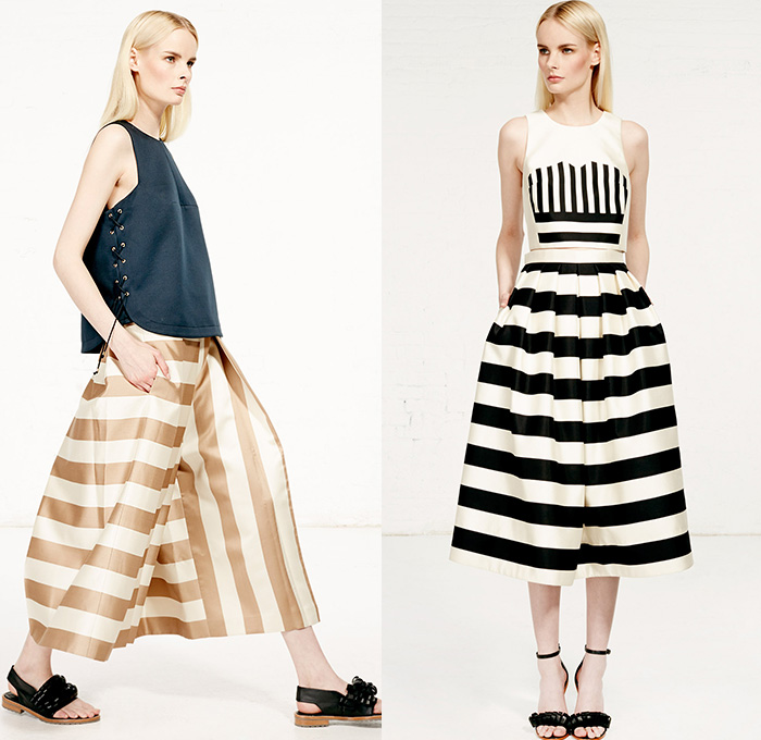 Tibi 2015 Resort Womens Lookbook Presentation - 2015 Cruise Pre Spring Fashion Pre Collection Designer Amy Smilovic - Denim Jeans Dirty Sailor Nautical Toggle Closures Lace Up Eyelets Rope Stripes Silk Wool Wide Leg Trousers Palazzo Pants Culottes Anorak Hoodie Chambray Paisley Sleeveless Shorts Crop Top Midriff Bralette Outerwear Coat Flowers Florals Accordion Pleats Halter Top Knit Sweater Jumper Curved Hem Pantsuit Drawstring Jogging Sweatpants 