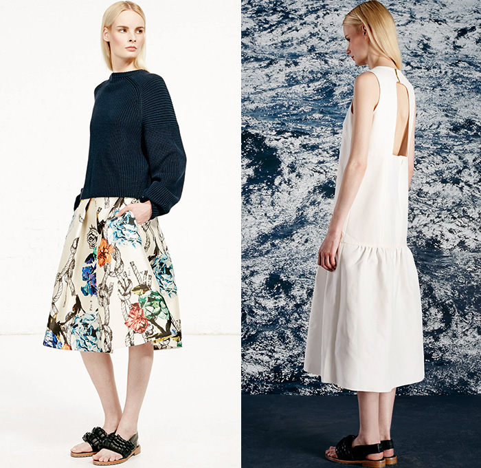 Tibi 2015 Resort Womens Lookbook Presentation - 2015 Cruise Pre Spring Fashion Pre Collection Designer Amy Smilovic - Denim Jeans Dirty Sailor Nautical Toggle Closures Lace Up Eyelets Rope Stripes Silk Wool Wide Leg Trousers Palazzo Pants Culottes Anorak Hoodie Chambray Paisley Sleeveless Shorts Crop Top Midriff Bralette Outerwear Coat Flowers Florals Accordion Pleats Halter Top Knit Sweater Jumper Curved Hem Pantsuit Drawstring Jogging Sweatpants 