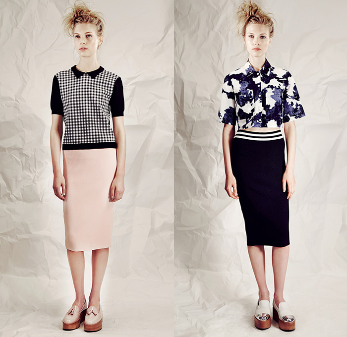 Timo Weiland 2015 Resort Womens Lookbook Presentation - 2015 Cruise Pre Spring Fashion Pre Collection - Calf Floral Pencil Skirt Sweater Teal Wide Sleeves Gingham Jacquard Tie Up Sweater Miniskirt Knit Checks Dress Frock Crop Top Midriff Ink Blots Abstract Jumper Stripes Leaves Foliage Fauna Cross-Strap Accordion Pleats Tankdress White Ensemble