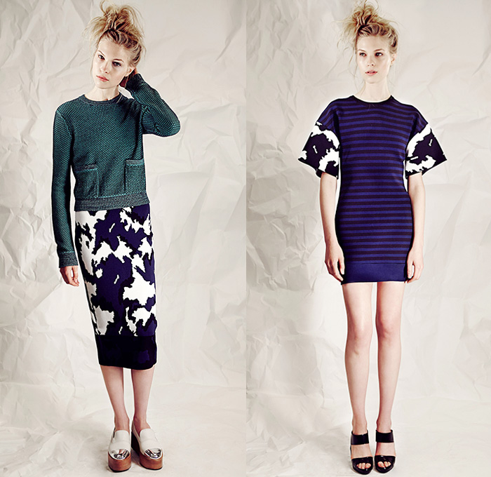 Timo Weiland 2015 Resort Womens Lookbook Presentation - 2015 Cruise Pre Spring Fashion Pre Collection - Calf Floral Pencil Skirt Sweater Teal Wide Sleeves Gingham Jacquard Tie Up Sweater Miniskirt Knit Checks Dress Frock Crop Top Midriff Ink Blots Abstract Jumper Stripes Leaves Foliage Fauna Cross-Strap Accordion Pleats Tankdress White Ensemble