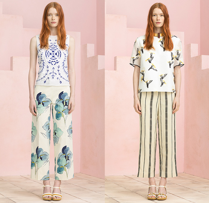 Tory Burch 2015 Resort Womens Lookbook Presentation - 2015 Cruise Pre Spring Fashion Pre Collection - Sleeveless Culottes Gauchos Palazzo Pants Cropped Pants Wide Leg Trousers Flowers Florals Print Motif Stripes Embroidery Sweater Jumper Bikini Crop Top Bralette Outerwear Jacket Leaves Foliage Drawstring Cargo Pockets Stripes Shorts Tassels Lace Mesh Peek-A-Boo Blouse Knit Weave Blazer Geometric Crochet Piano Keys Parka Anorak Coatdress Gown