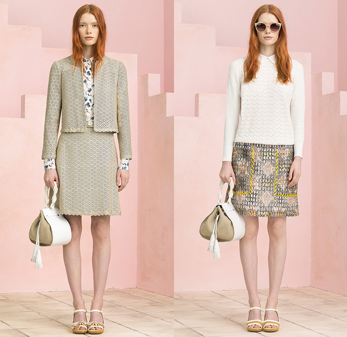 Tory Burch 2015 Resort Womens Lookbook Presentation - 2015 Cruise Pre Spring Fashion Pre Collection - Sleeveless Culottes Gauchos Palazzo Pants Cropped Pants Wide Leg Trousers Flowers Florals Print Motif Stripes Embroidery Sweater Jumper Bikini Crop Top Bralette Outerwear Jacket Leaves Foliage Drawstring Cargo Pockets Stripes Shorts Tassels Lace Mesh Peek-A-Boo Blouse Knit Weave Blazer Geometric Crochet Piano Keys Parka Anorak Coatdress Gown