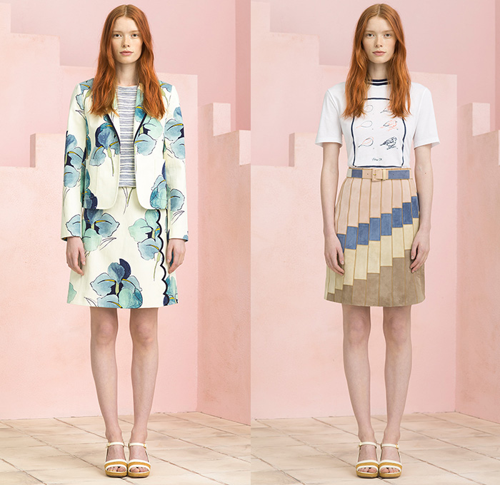 Tory Burch 2015 Resort Womens Lookbook Presentation - 2015 Cruise Pre Spring Fashion Pre Collection - Sleeveless Culottes Gauchos Palazzo Pants Cropped Pants Wide Leg Trousers Flowers Florals Print Motif Stripes Embroidery Sweater Jumper Bikini Crop Top Bralette Outerwear Jacket Leaves Foliage Drawstring Cargo Pockets Stripes Shorts Tassels Lace Mesh Peek-A-Boo Blouse Knit Weave Blazer Geometric Crochet Piano Keys Parka Anorak Coatdress Gown