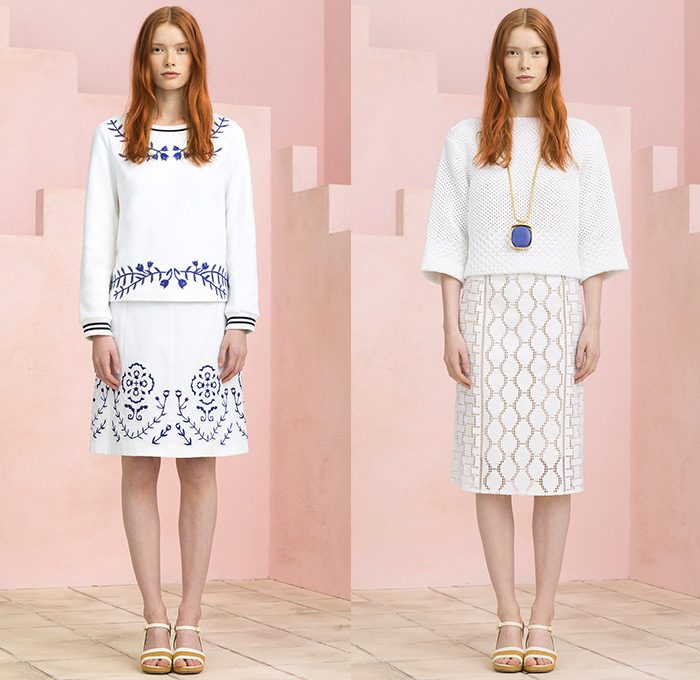 Tory Burch 2015 Resort Womens Lookbook Presentation - 2015 Cruise Pre Spring Fashion Pre Collection - Sleeveless Culottes Gauchos Palazzo Pants Cropped Pants Wide Leg Trousers Flowers Florals Print Motif Stripes Embroidery Sweater Jumper Bikini Crop Top Bralette Outerwear Jacket Leaves Foliage Drawstring Cargo Pockets Stripes Shorts Tassels Lace Mesh Peek-A-Boo Blouse Knit Weave Blazer Geometric Crochet Piano Keys Parka Anorak Coatdress Gown