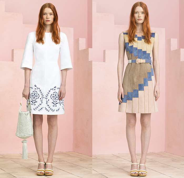 Tory Burch 2015 Resort Womens Lookbook Presentation - 2015 Cruise Pre Spring Fashion Pre Collection - Sleeveless Culottes Gauchos Palazzo Pants Cropped Pants Wide Leg Trousers Flowers Florals Print Motif Stripes Embroidery Sweater Jumper Bikini Crop Top Bralette Outerwear Jacket Leaves Foliage Drawstring Cargo Pockets Stripes Shorts Tassels Lace Mesh Peek-A-Boo Blouse Knit Weave Blazer Geometric Crochet Piano Keys Parka Anorak Coatdress Gown