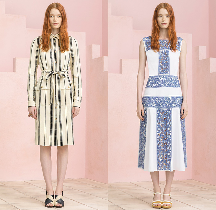 Tory Burch 2015 Resort Womens Lookbook Presentation - 2015 Cruise Pre Spring Fashion Pre Collection - Sleeveless Culottes Gauchos Palazzo Pants Cropped Pants Wide Leg Trousers Flowers Florals Print Motif Stripes Embroidery Sweater Jumper Bikini Crop Top Bralette Outerwear Jacket Leaves Foliage Drawstring Cargo Pockets Stripes Shorts Tassels Lace Mesh Peek-A-Boo Blouse Knit Weave Blazer Geometric Crochet Piano Keys Parka Anorak Coatdress Gown