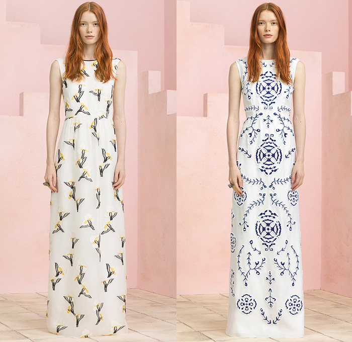 Tory Burch 2015 Resort Womens Lookbook Presentation - 2015 Cruise Pre Spring Fashion Pre Collection - Sleeveless Culottes Gauchos Palazzo Pants Cropped Pants Wide Leg Trousers Flowers Florals Print Motif Stripes Embroidery Sweater Jumper Bikini Crop Top Bralette Outerwear Jacket Leaves Foliage Drawstring Cargo Pockets Stripes Shorts Tassels Lace Mesh Peek-A-Boo Blouse Knit Weave Blazer Geometric Crochet Piano Keys Parka Anorak Coatdress Gown