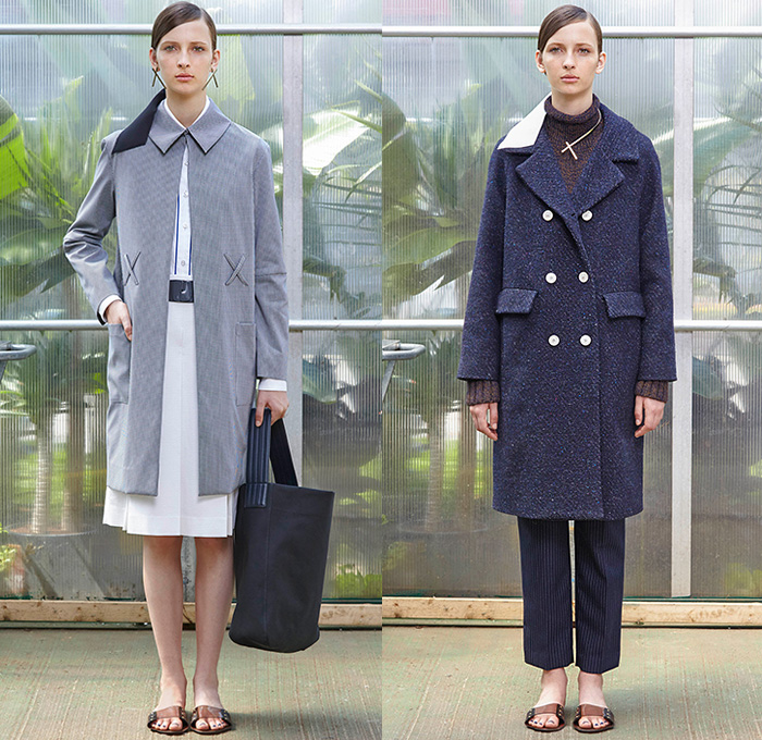 Trademark 2015 Resort Womens Lookbook Presentation - 2015 Cruise Pre Spring Fashion Pre Collection - Denim Jeans Jacket Shearling Cargo Pockets Plaid Colorblock Outerwear Coat Wide Leg Trousers Palazzo Pants Sandals X Stitch Tote Bag Skirt Frock Pleats Tweed Turtleneck Shirtdress Blousedress Hoodie Extra Panel Knit Scarf Transparent Rainwear Peek-A-Boo Belted Waist White Ensemble V-Neck Mesh - Alexandra Pookie and Louisa Weezie Burch