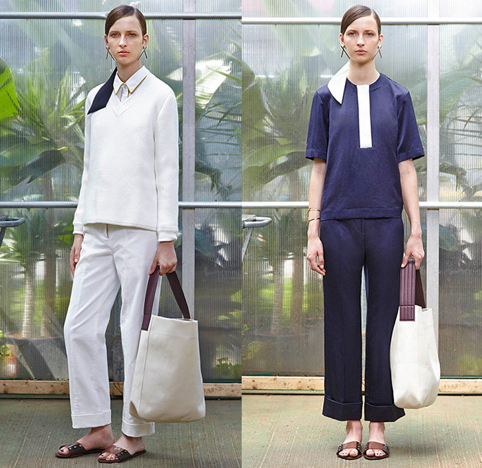 Trademark 2015 Resort Womens Lookbook Presentation - 2015 Cruise Pre Spring Fashion Pre Collection - Denim Jeans Jacket Shearling Cargo Pockets Plaid Colorblock Outerwear Coat Wide Leg Trousers Palazzo Pants Sandals X Stitch Tote Bag Skirt Frock Pleats Tweed Turtleneck Shirtdress Blousedress Hoodie Extra Panel Knit Scarf Transparent Rainwear Peek-A-Boo Belted Waist White Ensemble V-Neck Mesh - Alexandra Pookie and Louisa Weezie Burch