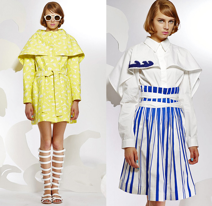 Tsumori Chisato 2015 Resort Womens Lookbook Presentation - 2015 Cruise Pre Spring Fashion Pre Collection - Pop Art Prints Motif Dress Dolphins Stripes Waves Sheer Chiffon Peek-A-Boo Lace Mesh Gladiator Sandals Capelet Outerwear Coat Wide Leg Trousers Palazzo Pants Embellishments Marine Life Ruffles Halter Top Belted Waist Dots Handkerchief Hem Embroidery Blouse Rope Knit Half Skirt Rainwear Anorak Hoodie Sweater Jumper Sunburst White Dress