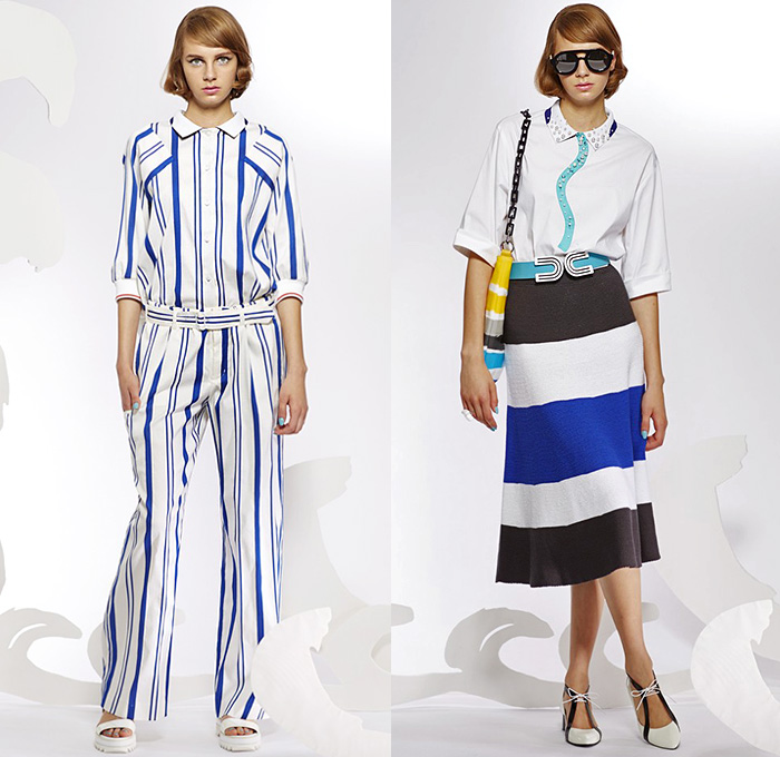 Tsumori Chisato 2015 Resort Womens Lookbook Presentation - 2015 Cruise Pre Spring Fashion Pre Collection - Pop Art Prints Motif Dress Dolphins Stripes Waves Sheer Chiffon Peek-A-Boo Lace Mesh Gladiator Sandals Capelet Outerwear Coat Wide Leg Trousers Palazzo Pants Embellishments Marine Life Ruffles Halter Top Belted Waist Dots Handkerchief Hem Embroidery Blouse Rope Knit Half Skirt Rainwear Anorak Hoodie Sweater Jumper Sunburst White Dress