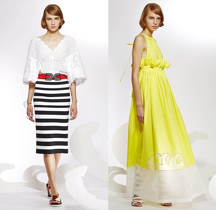 Tsumori Chisato 2015 Resort Womens Lookbook Presentation - 2015 Cruise Pre Spring Fashion Pre Collection - Pop Art Prints Motif Dress Dolphins Stripes Waves Sheer Chiffon Peek-A-Boo Lace Mesh Gladiator Sandals Capelet Outerwear Coat Wide Leg Trousers Palazzo Pants Embellishments Marine Life Ruffles Halter Top Belted Waist Dots Handkerchief Hem Embroidery Blouse Rope Knit Half Skirt Rainwear Anorak Hoodie Sweater Jumper Sunburst White Dress