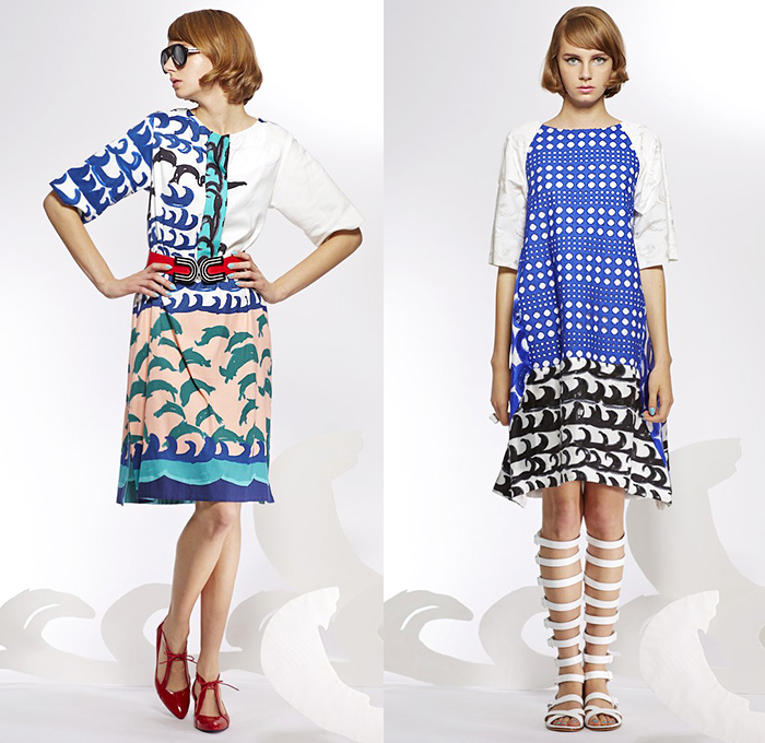 Tsumori Chisato 2015 Resort Womens Lookbook Presentation - 2015 Cruise Pre Spring Fashion Pre Collection - Pop Art Prints Motif Dress Dolphins Stripes Waves Sheer Chiffon Peek-A-Boo Lace Mesh Gladiator Sandals Capelet Outerwear Coat Wide Leg Trousers Palazzo Pants Embellishments Marine Life Ruffles Halter Top Belted Waist Dots Handkerchief Hem Embroidery Blouse Rope Knit Half Skirt Rainwear Anorak Hoodie Sweater Jumper Sunburst White Dress