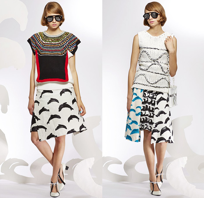 Tsumori Chisato 2015 Resort Womens Lookbook Presentation - 2015 Cruise Pre Spring Fashion Pre Collection - Pop Art Prints Motif Dress Dolphins Stripes Waves Sheer Chiffon Peek-A-Boo Lace Mesh Gladiator Sandals Capelet Outerwear Coat Wide Leg Trousers Palazzo Pants Embellishments Marine Life Ruffles Halter Top Belted Waist Dots Handkerchief Hem Embroidery Blouse Rope Knit Half Skirt Rainwear Anorak Hoodie Sweater Jumper Sunburst White Dress