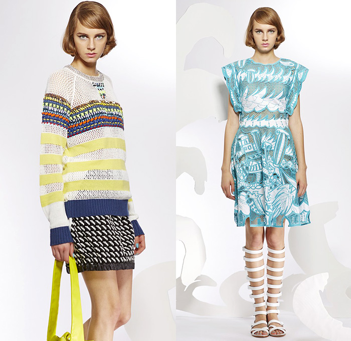 Tsumori Chisato 2015 Resort Womens Lookbook Presentation - 2015 Cruise Pre Spring Fashion Pre Collection - Pop Art Prints Motif Dress Dolphins Stripes Waves Sheer Chiffon Peek-A-Boo Lace Mesh Gladiator Sandals Capelet Outerwear Coat Wide Leg Trousers Palazzo Pants Embellishments Marine Life Ruffles Halter Top Belted Waist Dots Handkerchief Hem Embroidery Blouse Rope Knit Half Skirt Rainwear Anorak Hoodie Sweater Jumper Sunburst White Dress