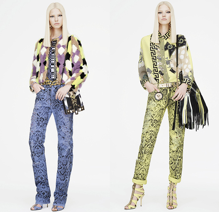 Versace 2015 Resort Womens Lookbook Presentation - 2015 Cruise Pre Spring Fashion Pre Collection - Printed Denim Jeans Destroyed Furry Boxy Shift Dress Polka Dots Flags Patchworks Python Snake Reptile Geometric Harlequin Motif Prints Miniskirt Frock Leather Blazer Gladiator Boots Silk Greek Key Pattern Rhinestones 60s Outerwear Parka Sporty Knit Body Con Jewelry Necklace Gown Side Slit Crystals Fringes Sheer Chiffon Cut Out Waist Coat Jacketdress Blouse Stripes Ship Mesh Crop Top Midriff Bandeau Top Pantsuit 