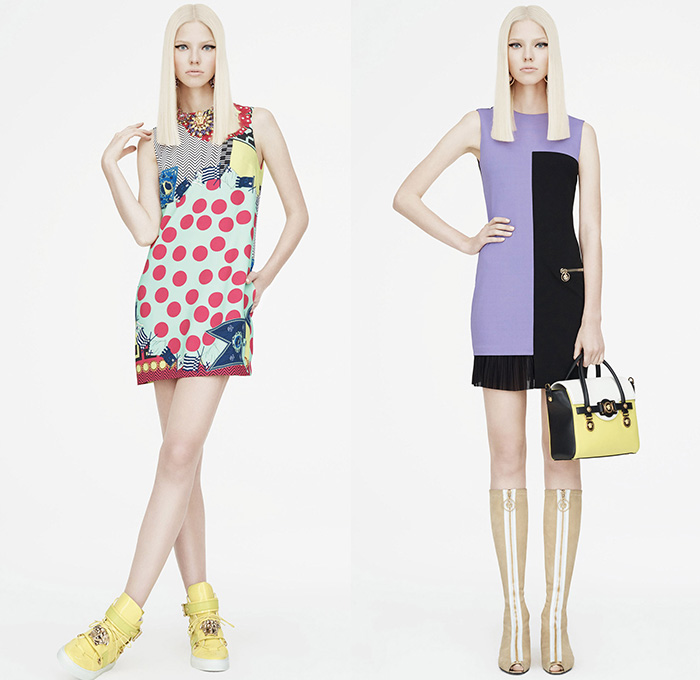 Versace 2015 Resort Womens Lookbook Presentation - 2015 Cruise Pre Spring Fashion Pre Collection - Printed Denim Jeans Destroyed Furry Boxy Shift Dress Polka Dots Flags Patchworks Python Snake Reptile Geometric Harlequin Motif Prints Miniskirt Frock Leather Blazer Gladiator Boots Silk Greek Key Pattern Rhinestones 60s Outerwear Parka Sporty Knit Body Con Jewelry Necklace Gown Side Slit Crystals Fringes Sheer Chiffon Cut Out Waist Coat Jacketdress Blouse Stripes Ship Mesh Crop Top Midriff Bandeau Top Pantsuit 