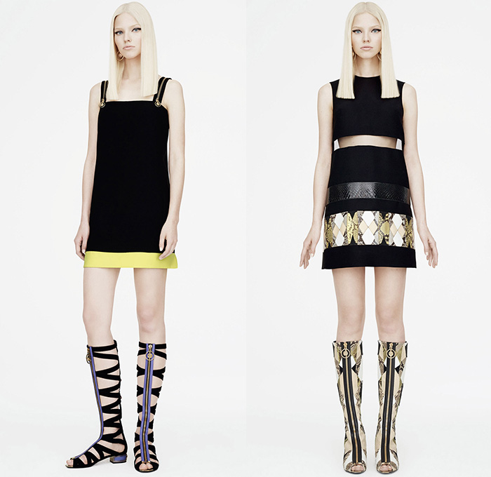 Versace 2015 Resort Womens Lookbook Presentation - 2015 Cruise Pre Spring Fashion Pre Collection - Printed Denim Jeans Destroyed Furry Boxy Shift Dress Polka Dots Flags Patchworks Python Snake Reptile Geometric Harlequin Motif Prints Miniskirt Frock Leather Blazer Gladiator Boots Silk Greek Key Pattern Rhinestones 60s Outerwear Parka Sporty Knit Body Con Jewelry Necklace Gown Side Slit Crystals Fringes Sheer Chiffon Cut Out Waist Coat Jacketdress Blouse Stripes Ship Mesh Crop Top Midriff Bandeau Top Pantsuit 