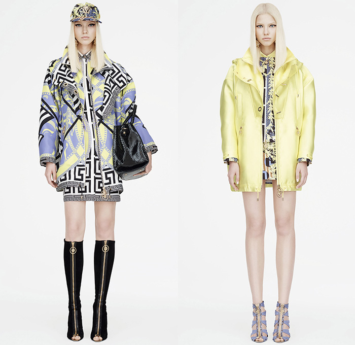 Versace 2015 Resort Womens Lookbook Presentation - 2015 Cruise Pre Spring Fashion Pre Collection - Printed Denim Jeans Destroyed Furry Boxy Shift Dress Polka Dots Flags Patchworks Python Snake Reptile Geometric Harlequin Motif Prints Miniskirt Frock Leather Blazer Gladiator Boots Silk Greek Key Pattern Rhinestones 60s Outerwear Parka Sporty Knit Body Con Jewelry Necklace Gown Side Slit Crystals Fringes Sheer Chiffon Cut Out Waist Coat Jacketdress Blouse Stripes Ship Mesh Crop Top Midriff Bandeau Top Pantsuit 
