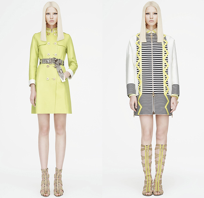 Versace 2015 Resort Womens Lookbook Presentation - 2015 Cruise Pre Spring Fashion Pre Collection - Printed Denim Jeans Destroyed Furry Boxy Shift Dress Polka Dots Flags Patchworks Python Snake Reptile Geometric Harlequin Motif Prints Miniskirt Frock Leather Blazer Gladiator Boots Silk Greek Key Pattern Rhinestones 60s Outerwear Parka Sporty Knit Body Con Jewelry Necklace Gown Side Slit Crystals Fringes Sheer Chiffon Cut Out Waist Coat Jacketdress Blouse Stripes Ship Mesh Crop Top Midriff Bandeau Top Pantsuit 