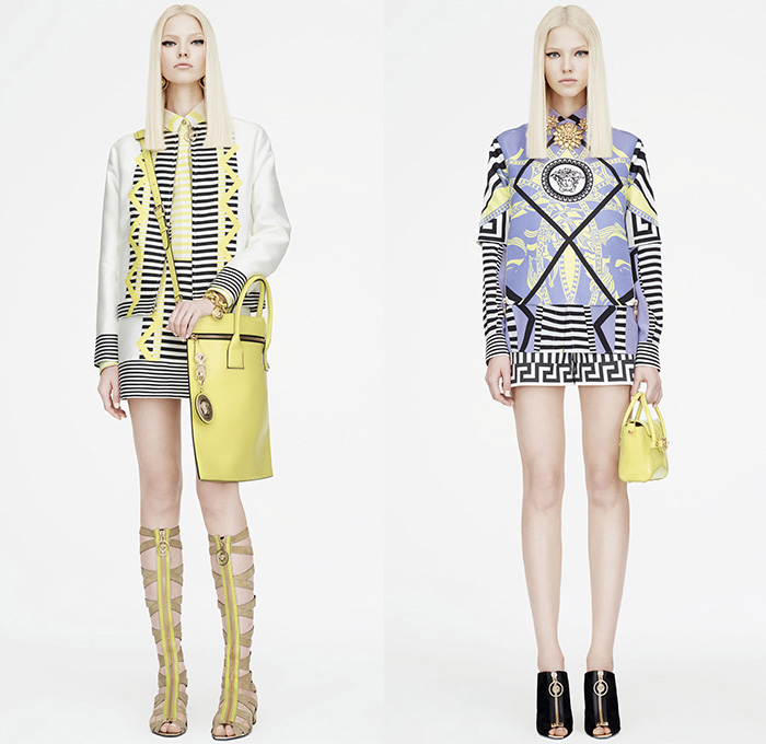 Versace 2015 Resort Womens Lookbook Presentation - 2015 Cruise Pre Spring Fashion Pre Collection - Printed Denim Jeans Destroyed Furry Boxy Shift Dress Polka Dots Flags Patchworks Python Snake Reptile Geometric Harlequin Motif Prints Miniskirt Frock Leather Blazer Gladiator Boots Silk Greek Key Pattern Rhinestones 60s Outerwear Parka Sporty Knit Body Con Jewelry Necklace Gown Side Slit Crystals Fringes Sheer Chiffon Cut Out Waist Coat Jacketdress Blouse Stripes Ship Mesh Crop Top Midriff Bandeau Top Pantsuit 