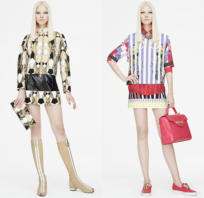 Versace 2015 Resort Womens Lookbook Presentation - 2015 Cruise Pre Spring Fashion Pre Collection - Printed Denim Jeans Destroyed Furry Boxy Shift Dress Polka Dots Flags Patchworks Python Snake Reptile Geometric Harlequin Motif Prints Miniskirt Frock Leather Blazer Gladiator Boots Silk Greek Key Pattern Rhinestones 60s Outerwear Parka Sporty Knit Body Con Jewelry Necklace Gown Side Slit Crystals Fringes Sheer Chiffon Cut Out Waist Coat Jacketdress Blouse Stripes Ship Mesh Crop Top Midriff Bandeau Top Pantsuit 