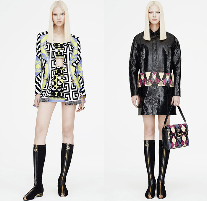 Versace 2015 Resort Womens Lookbook Presentation - 2015 Cruise Pre Spring Fashion Pre Collection - Printed Denim Jeans Destroyed Furry Boxy Shift Dress Polka Dots Flags Patchworks Python Snake Reptile Geometric Harlequin Motif Prints Miniskirt Frock Leather Blazer Gladiator Boots Silk Greek Key Pattern Rhinestones 60s Outerwear Parka Sporty Knit Body Con Jewelry Necklace Gown Side Slit Crystals Fringes Sheer Chiffon Cut Out Waist Coat Jacketdress Blouse Stripes Ship Mesh Crop Top Midriff Bandeau Top Pantsuit 