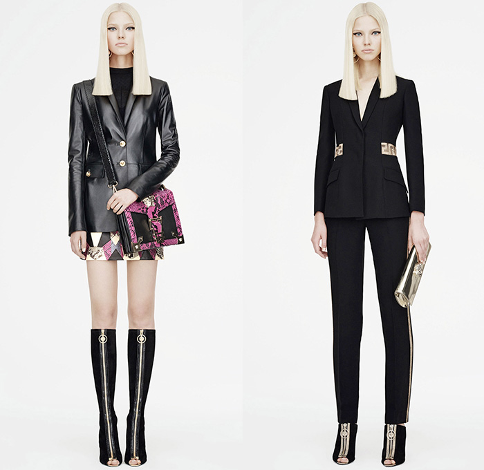 Versace 2015 Resort Womens Lookbook Presentation - 2015 Cruise Pre Spring Fashion Pre Collection - Printed Denim Jeans Destroyed Furry Boxy Shift Dress Polka Dots Flags Patchworks Python Snake Reptile Geometric Harlequin Motif Prints Miniskirt Frock Leather Blazer Gladiator Boots Silk Greek Key Pattern Rhinestones 60s Outerwear Parka Sporty Knit Body Con Jewelry Necklace Gown Side Slit Crystals Fringes Sheer Chiffon Cut Out Waist Coat Jacketdress Blouse Stripes Ship Mesh Crop Top Midriff Bandeau Top Pantsuit 