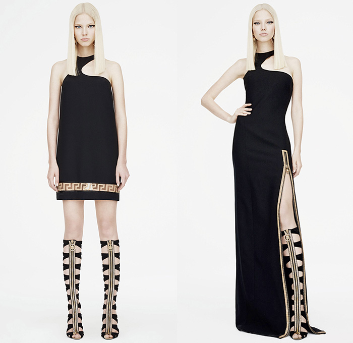 Versace 2015 Resort Womens Lookbook Presentation - 2015 Cruise Pre Spring Fashion Pre Collection - Printed Denim Jeans Destroyed Furry Boxy Shift Dress Polka Dots Flags Patchworks Python Snake Reptile Geometric Harlequin Motif Prints Miniskirt Frock Leather Blazer Gladiator Boots Silk Greek Key Pattern Rhinestones 60s Outerwear Parka Sporty Knit Body Con Jewelry Necklace Gown Side Slit Crystals Fringes Sheer Chiffon Cut Out Waist Coat Jacketdress Blouse Stripes Ship Mesh Crop Top Midriff Bandeau Top Pantsuit 