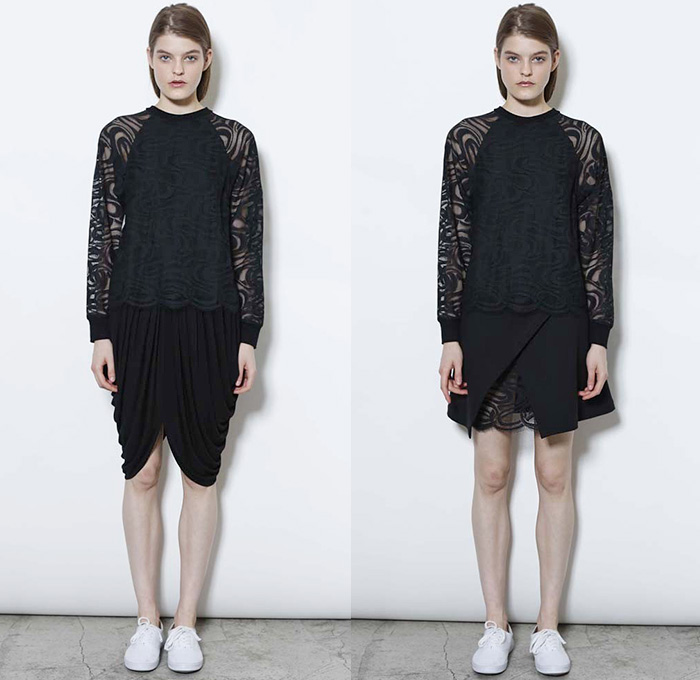 Cut25 by Yigal Azrouël 2015 Resort Womens Lookbook Presentation - 2015 Cruise Pre Spring Fashion Pre Collection - Lace Mesh Peek-A-Boo Sweater Jumper Sporty Sneakers Pleats Drapery Handkerchief Hem Curved Panels Stripes Abstract Print Motif Cropped Pants