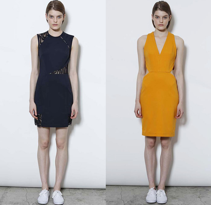 Cut25 by Yigal Azrouël 2015 Resort Womens Lookbook Presentation - 2015 Cruise Pre Spring Fashion Pre Collection - Lace Mesh Peek-A-Boo Sweater Jumper Sporty Sneakers Pleats Drapery Handkerchief Hem Curved Panels Stripes Abstract Print Motif Cropped Pants