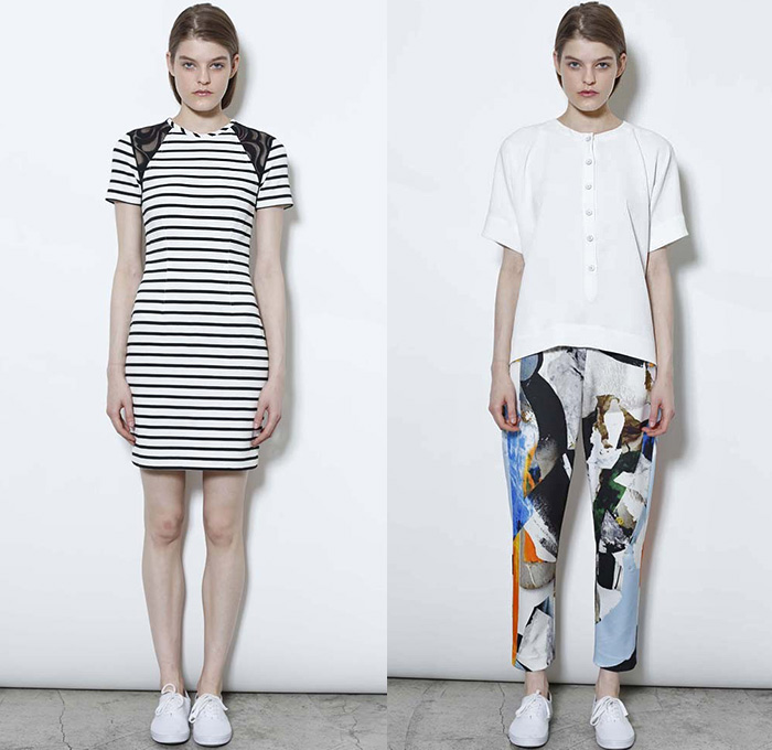 Cut25 by Yigal Azrouël 2015 Resort Womens Lookbook Presentation - 2015 Cruise Pre Spring Fashion Pre Collection - Lace Mesh Peek-A-Boo Sweater Jumper Sporty Sneakers Pleats Drapery Handkerchief Hem Curved Panels Stripes Abstract Print Motif Cropped Pants