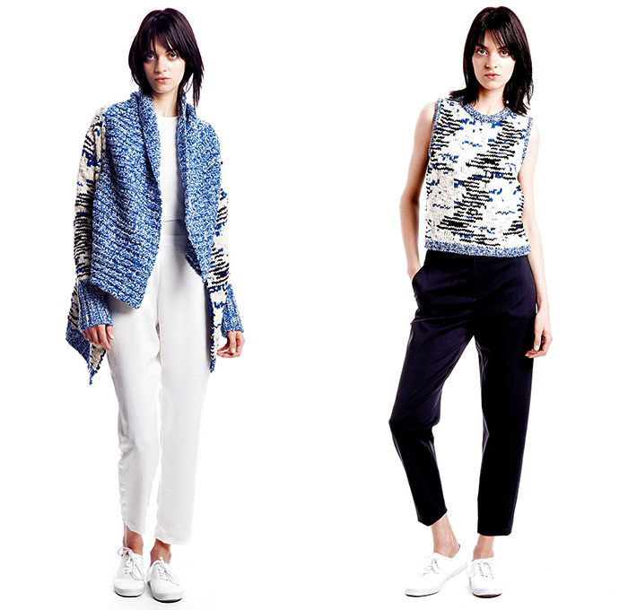 Cut25 by Yigal Azrouël 2015 Resort Womens Lookbook Presentation - 2015 Cruise Pre Spring Fashion Pre Collection - Lace Mesh Peek-A-Boo Sweater Jumper Sporty Sneakers Pleats Drapery Handkerchief Hem Curved Panels Stripes Abstract Print Motif Cropped Pants