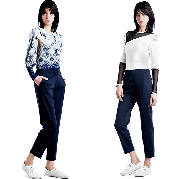 Cut25 by Yigal Azrouël 2015 Resort Womens Lookbook Presentation - 2015 Cruise Pre Spring Fashion Pre Collection - Lace Mesh Peek-A-Boo Sweater Jumper Sporty Sneakers Pleats Drapery Handkerchief Hem Curved Panels Stripes Abstract Print Motif Cropped Pants