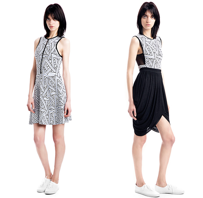 Cut25 by Yigal Azrouël 2015 Resort Womens Lookbook Presentation - 2015 Cruise Pre Spring Fashion Pre Collection - Lace Mesh Peek-A-Boo Sweater Jumper Sporty Sneakers Pleats Drapery Handkerchief Hem Curved Panels Stripes Abstract Print Motif Cropped Pants