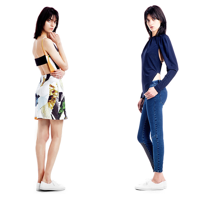 Cut25 by Yigal Azrouël 2015 Resort Womens Lookbook Presentation - 2015 Cruise Pre Spring Fashion Pre Collection - Lace Mesh Peek-A-Boo Sweater Jumper Sporty Sneakers Pleats Drapery Handkerchief Hem Curved Panels Stripes Abstract Print Motif Cropped Pants