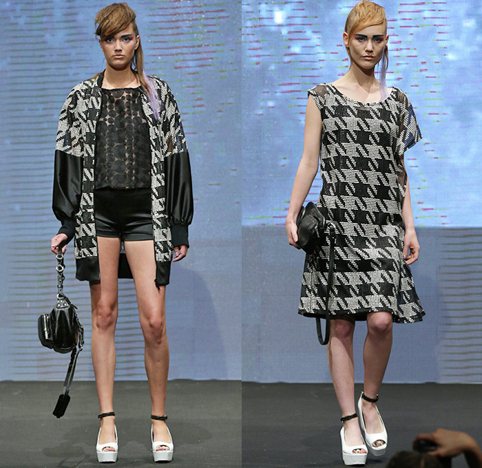 2OR+BYYAT Helsinki Finland 2015 Spring Summer Womens Runway Catwalk Looks - Copenhagen Fashion Week Denmark - Grunge Paint Smudges Moto Motorcycle Biker Rider Cutout Waist Houndstooth Sawtooth Shorts Asymmetrical One Off Shoulder Mesh Peek-A-Boo Bomber Jacket Multi Panel Shorts Dress Threads Fringes Weave Loose Threads Drapery Cinch Lace Train Tulle Pinafore Dress Stripes Flowers Florals Botanical Geometric Print Graphic Fold Out Lapel