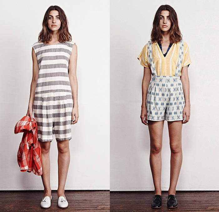 Ace + Jig 2015 Spring Summer Womens Lookbook Presentation - Designers Cary Vaughan Jenna Wilson - Woven Yard Dye Jumpsuit Crop Top Midriff Stripes Romper Combishorts Brace Suspenders Shorts Culottes Gauchos Lace Up Plaid Grid Squares Sleeveless Tanktop Sash Waist Beach Pajamas Loungewear Robe Wrap Skirt Frock Maxi Dress