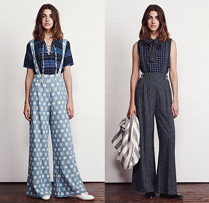 Ace + Jig 2015 Spring Summer Womens Lookbook Presentation - Designers Cary Vaughan Jenna Wilson - Woven Yard Dye Jumpsuit Crop Top Midriff Stripes Romper Combishorts Brace Suspenders Shorts Culottes Gauchos Lace Up Plaid Grid Squares Sleeveless Tanktop Sash Waist Beach Pajamas Loungewear Robe Wrap Skirt Frock Maxi Dress